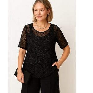 Vintage Dana Buchman Black Beaded Open Knit Top Sheer Sparkle Evening Wear L/XL